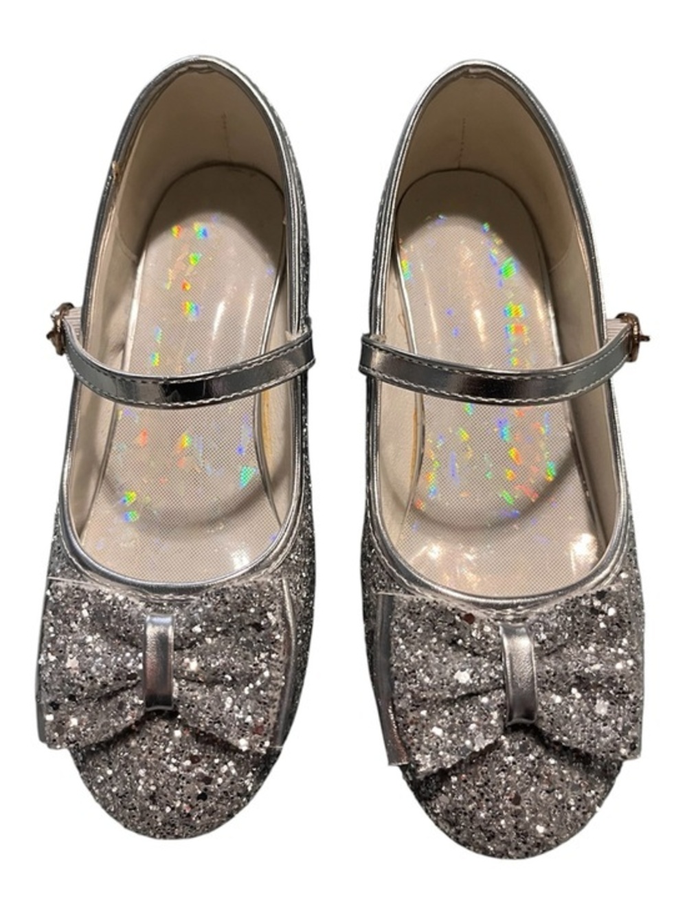 Girls Sparkle Silver Mary Jane Dress Shoes with Bow Accent